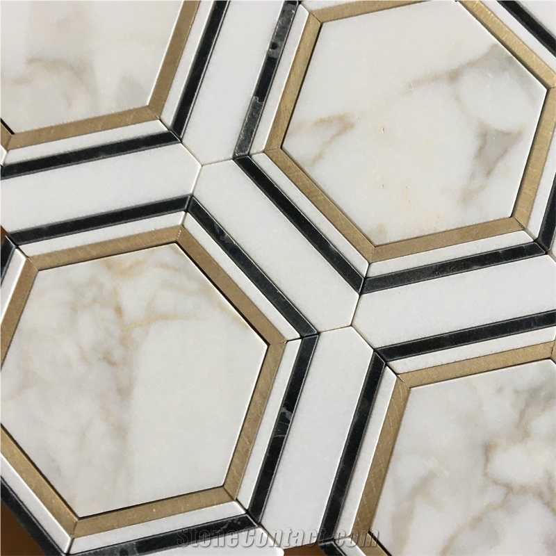 Thassos And Calacatta Gold Metal Marble Big Hexagon Mosaic