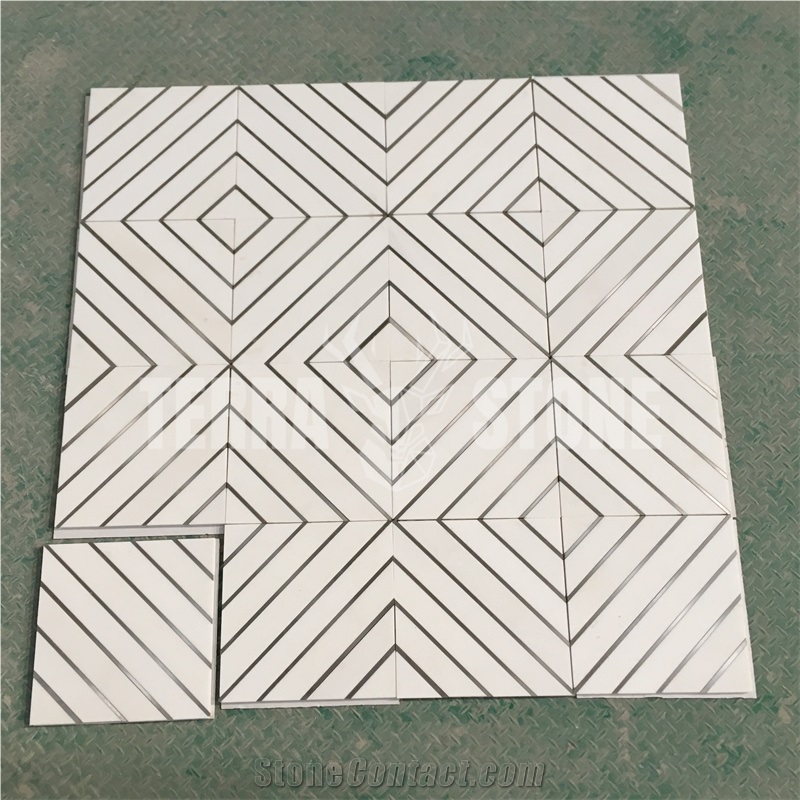 Thassos White Marble Stainless Steel Waterjet Marble Mosaic
