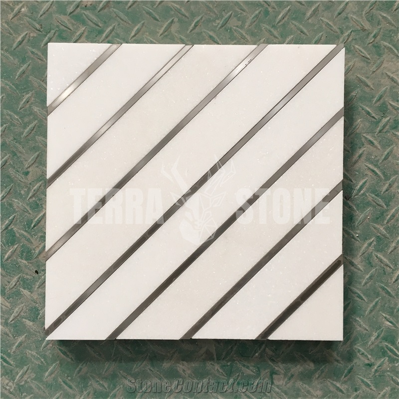 Thassos White Marble Stainless Steel Waterjet Marble Mosaic