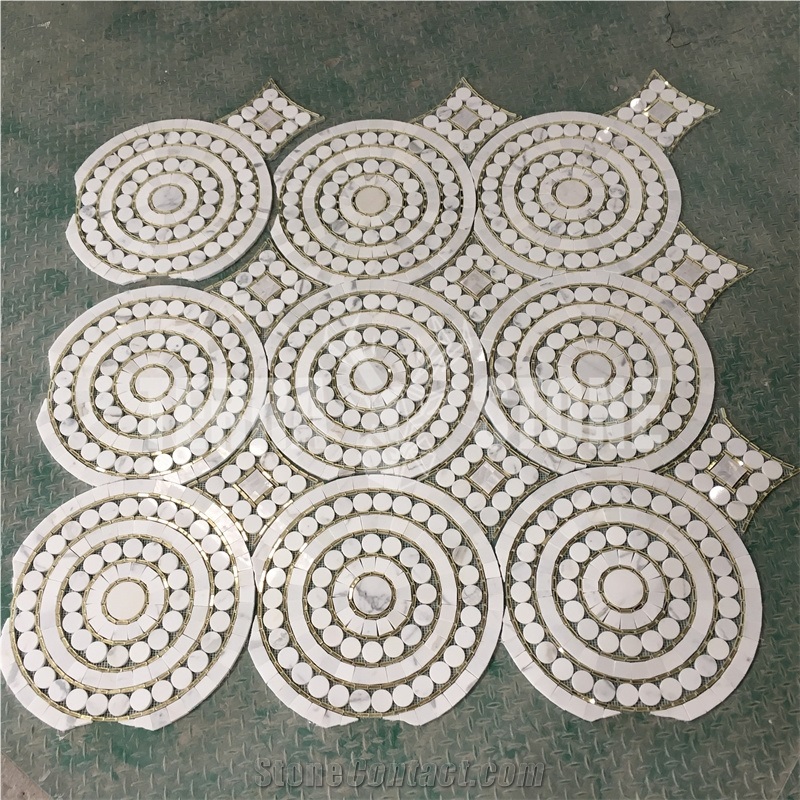 Waterjet Mosaic Penny Round White Marble With Golden Glass