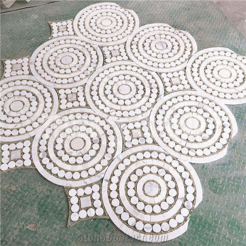 Waterjet Mosaic Penny Round White Marble With Golden Glass