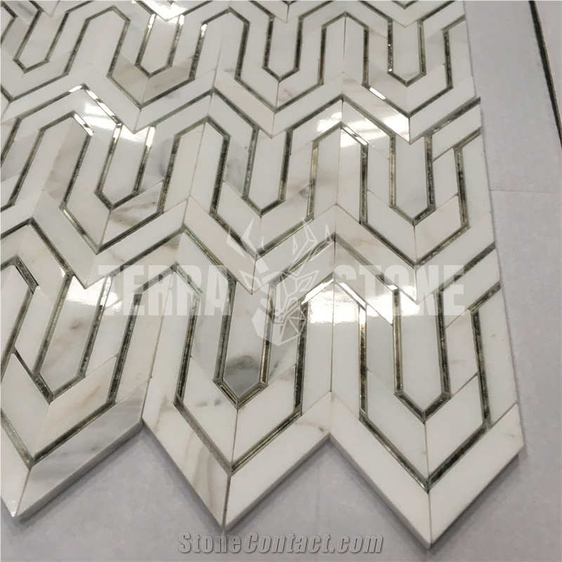 Waterjet Mosaic White Marble Calacatta Gold Stone Wall Tile
