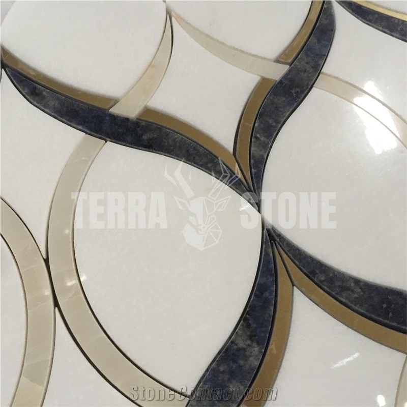 White Beige Black Marble With Brass Waterjet Mosaic Tile