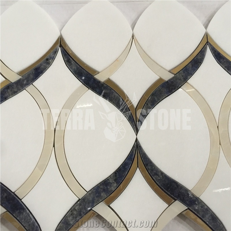 White Beige Black Marble With Brass Waterjet Mosaic Tile