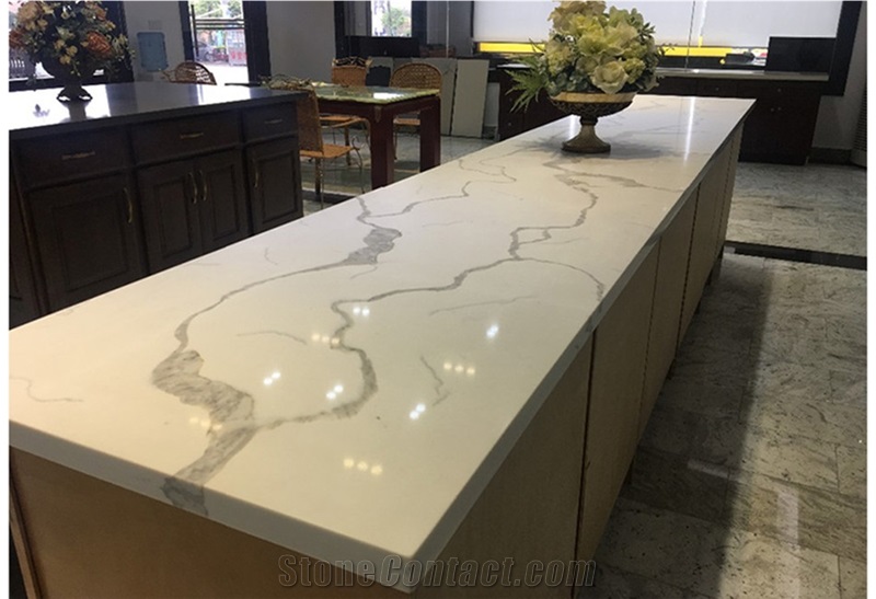 Calacatta White Quartz Stone Kitchen Countertop, Kitchen Bar Top