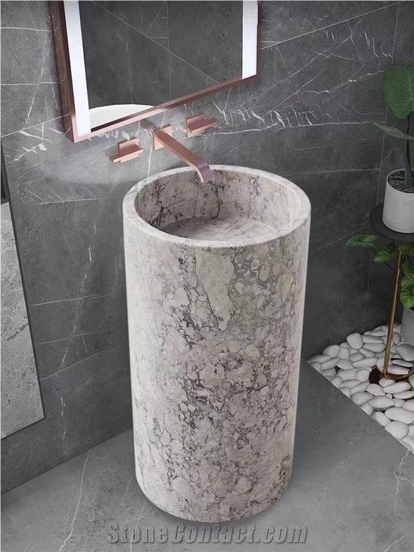 Custom Temple Grey Marble Stone Pedestal Wash Basin