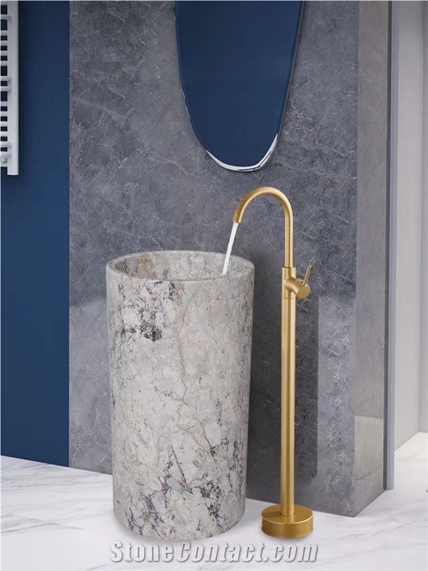 Custom Temple Grey Marble Stone Pedestal Wash Basin