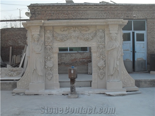 Hand-Carved Luxurious Sculptures White Marble Fireplace