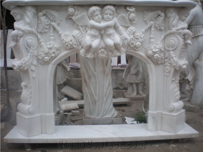 Hand Carved White Marble Cherub Fireplace Sculpture