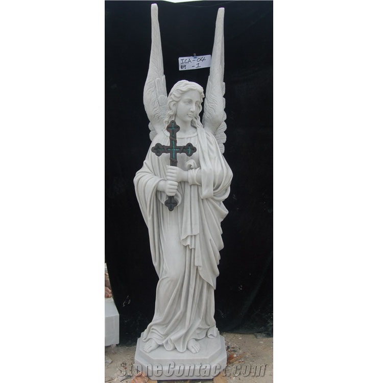 Natural Marble Stone Standing Girl With Cross Sculpture