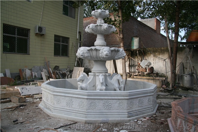 Outdoor White Marble Garden Water Fountain With Horse