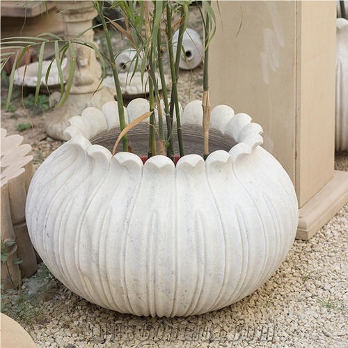 White Stone Carved Round Water Flower Pot