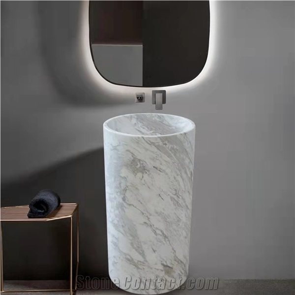 White Volakas Marble Basin Free Standing Pedestal Washbasin