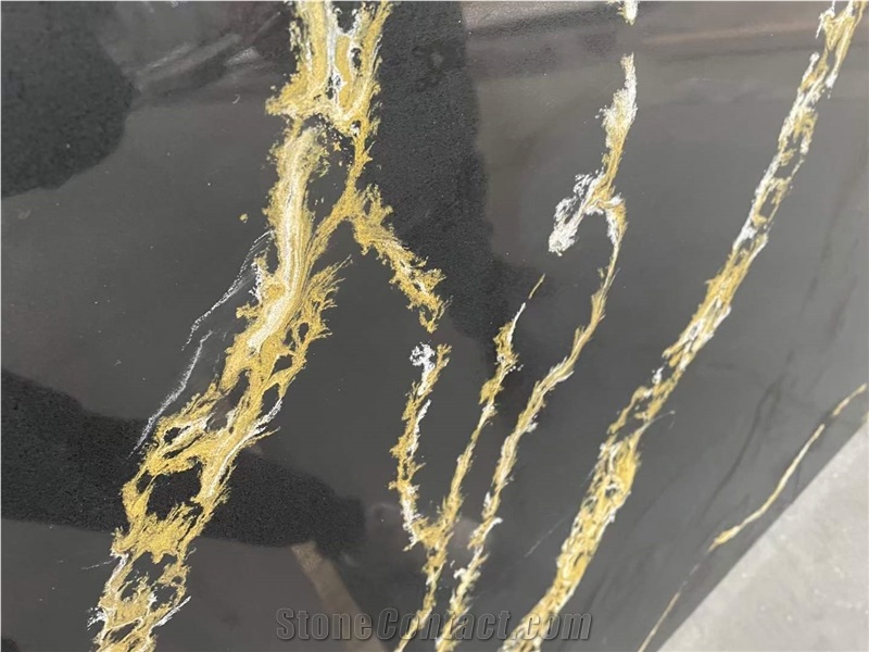 Black Quartz Slabs With Yellow Golden Vein