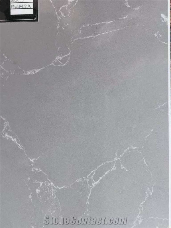 Popular Artificial Stone Net-Vein Grey Glossy Slab Quartz