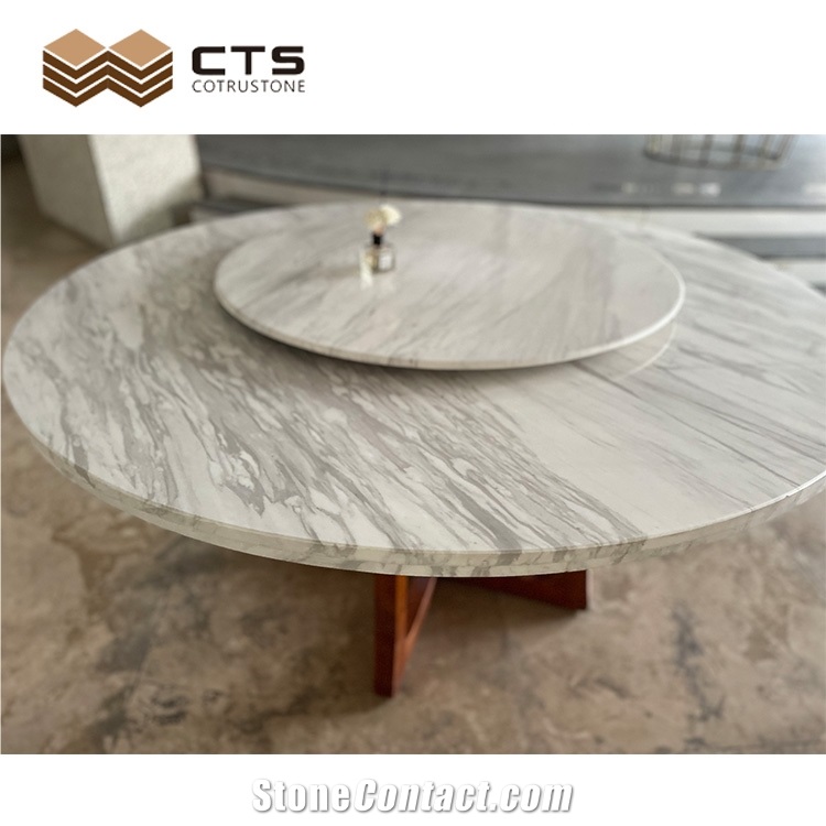 Swivel Two Tier Dining Table Made Of Volakas White Marble
