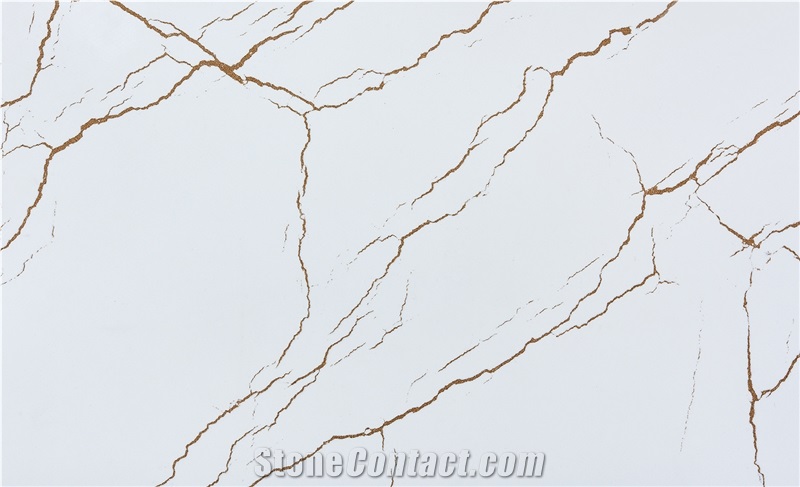Artificial Quartz Slab The Golden Veins On White Background