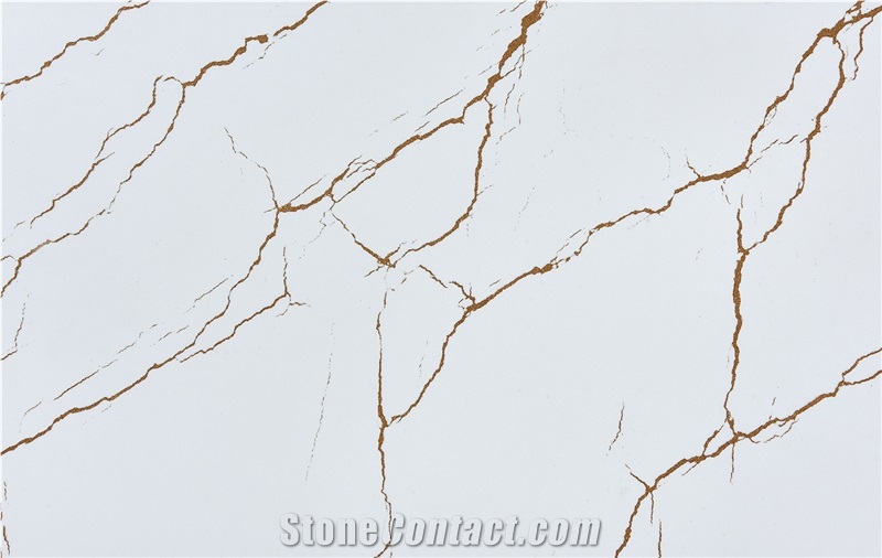 Artificial Quartz Slab The Golden Veins On White Background