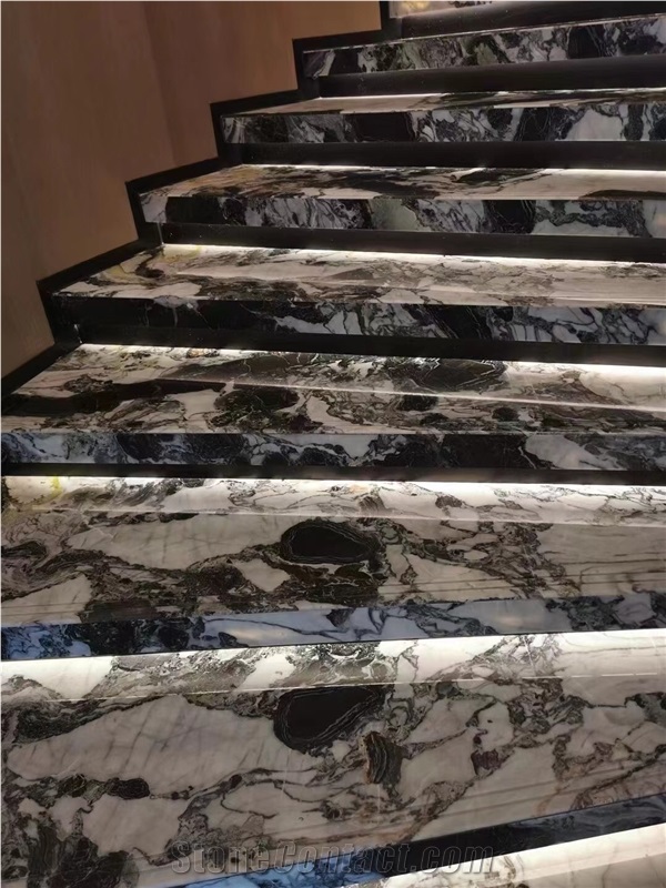 Bookmatch Marble Spiral Staircase Stone Panda Veining Stairs