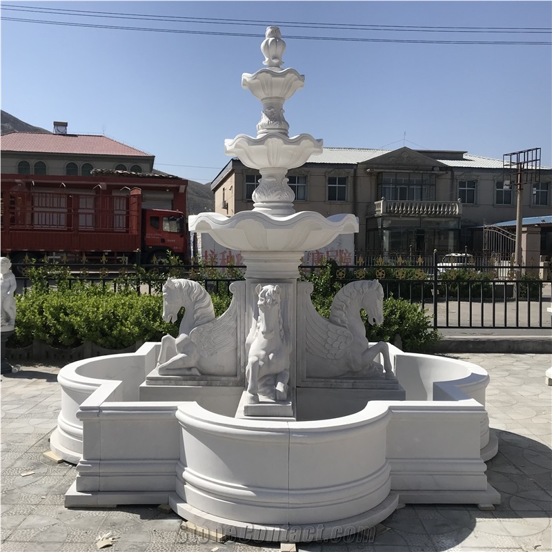 4 Horses White Marble Carving Big Garden Water Fountain
