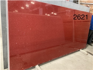 Red Galaxy Quartz Slab & Tile With Glass Engineered Stone