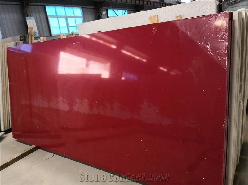 Red Galaxy Quartz Slab & Tile With Glass Engineered Stone