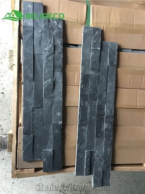 Jiujiang Dark Black Slate Wall Panel Natural Stacked Stone