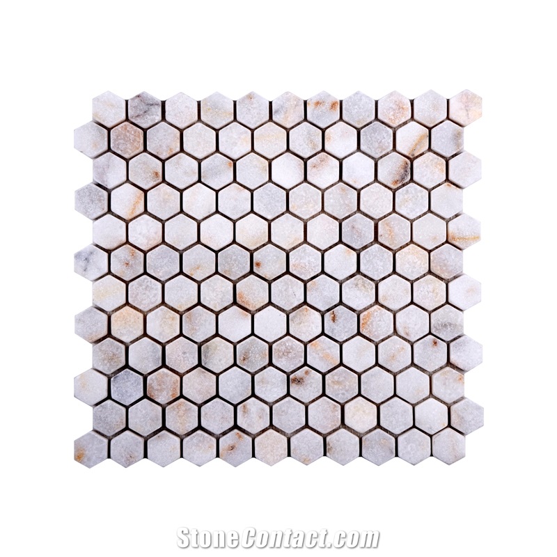 Golden 1'' Hexagon Tumbled Marble Mosaic Tile