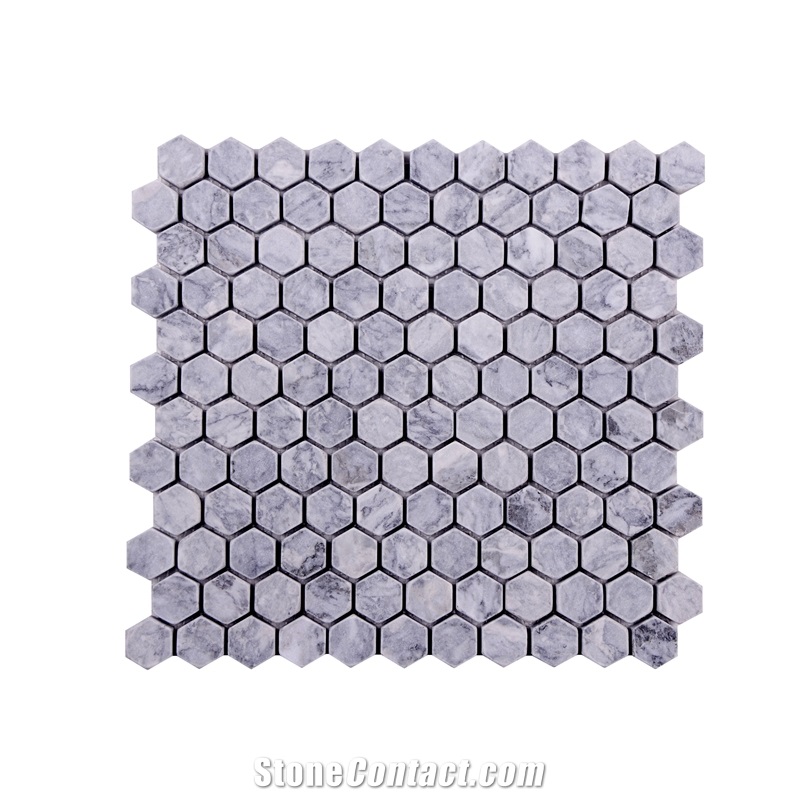 Mugla Silver Marble 1'' Hexagon Tumbled Marble Mosaic Tile