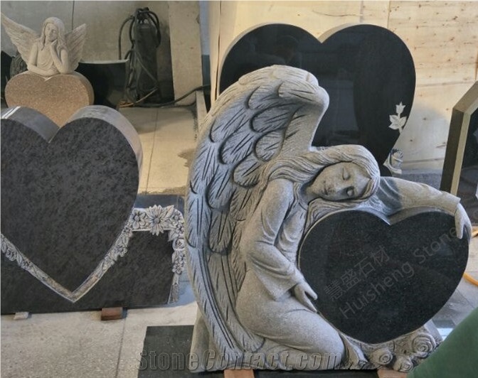 Black Granite Angel Monument, Heart Headstones