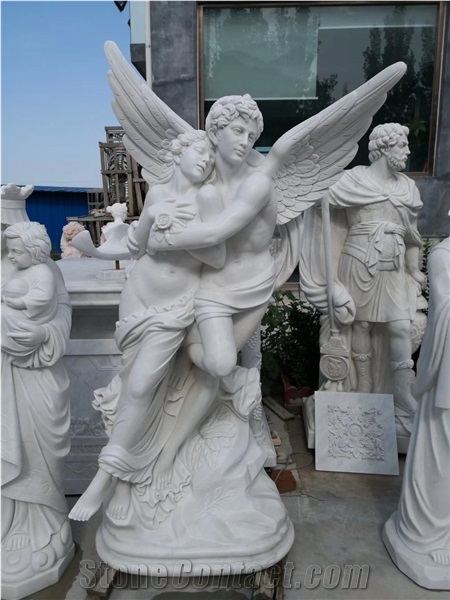 Life Size Natural Stone Garden Sculpture Grey Angel Statue