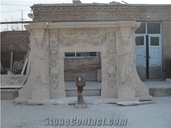 Pure White Marble Handcarved Sculptured Fireplace Mantel