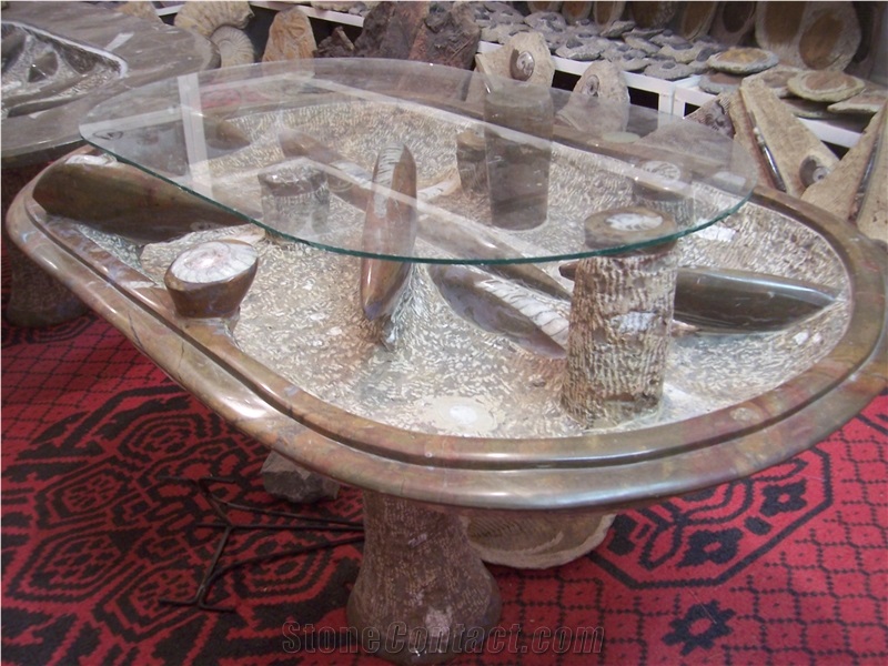 Fossil Brown Marble Carved Stone Interior Furniture, Coffe Tables