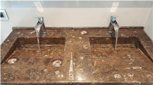 Fossilized Marble-Fossil Brown Marble Bathroom Top With Double Wash Basins