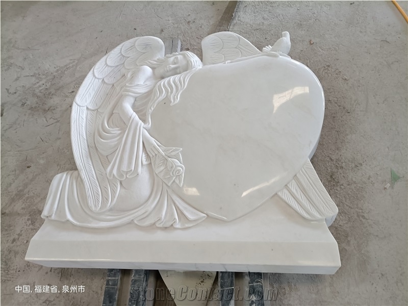 Holy White Marble Heart Tombstone, Angel Monument In Factory