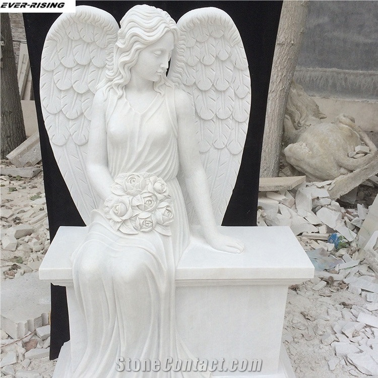 White Marble Headstone With Angel Wings