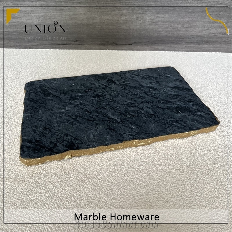Black Marble Tray Rectangular Food Plate With Gold Edged