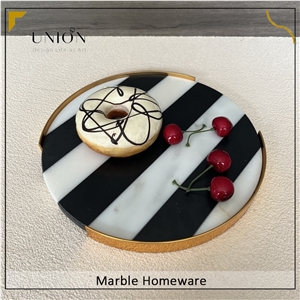 Black Mix White Marble Tray With Metal Holder Serving Tray