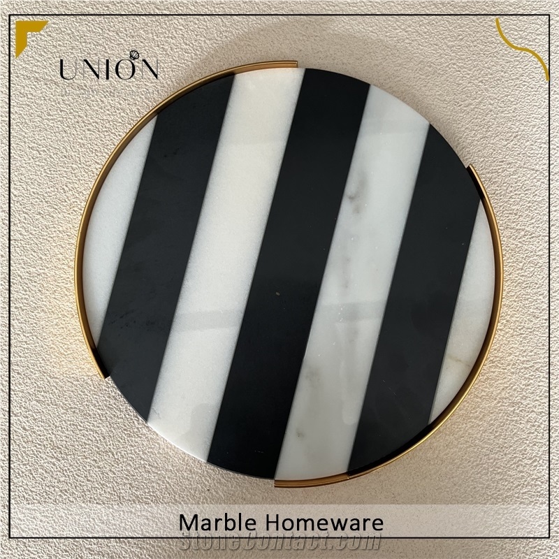 Black Mix White Marble Tray With Metal Holder Serving Tray