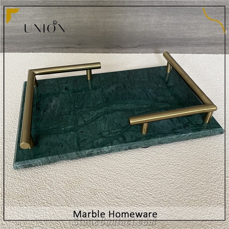 Green Marble Serving Tray With Handle For Hotel Project