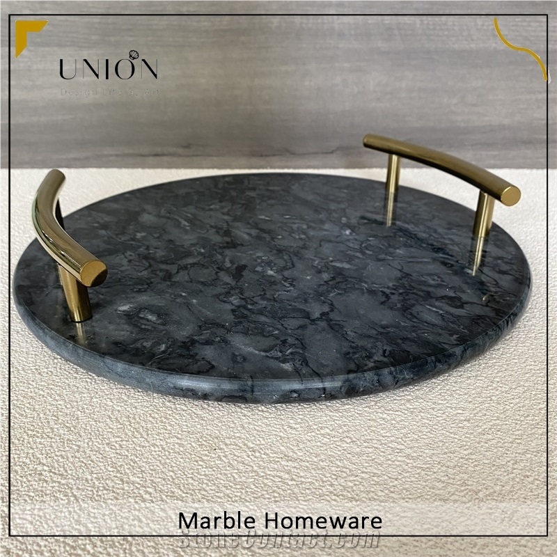 Natural Round Marble Food Tray With Handle