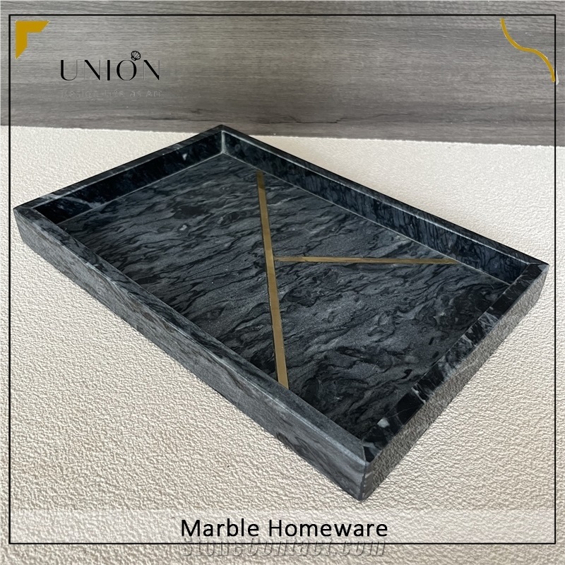 Polished Marble Food Tray Black Tray For Home Decoration
