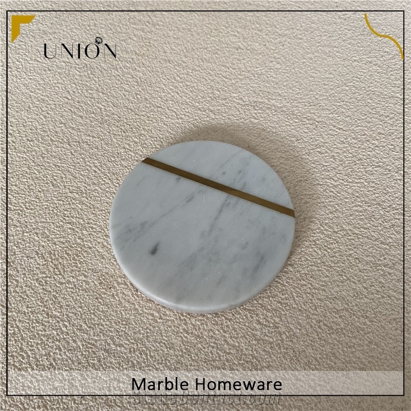 Polished Round Coaster With Brass Strip Marble Cup Plate