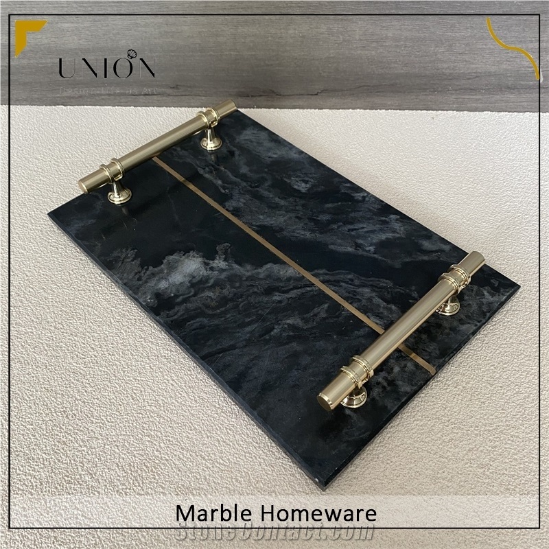 Rectangle Natural Black Marble Fruit Tray With Golden Handle