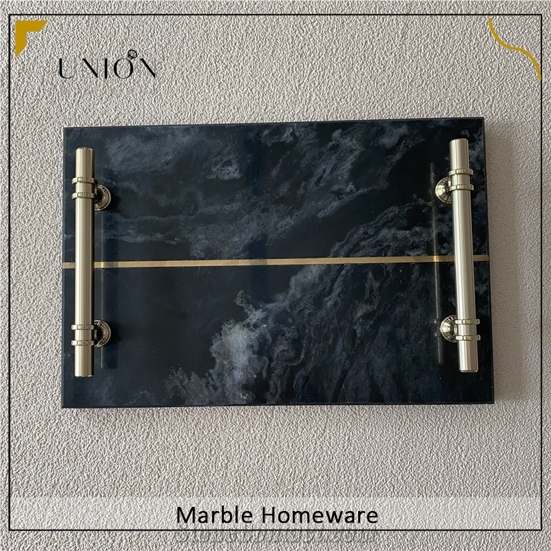 Rectangle Natural Black Marble Fruit Tray With Golden Handle