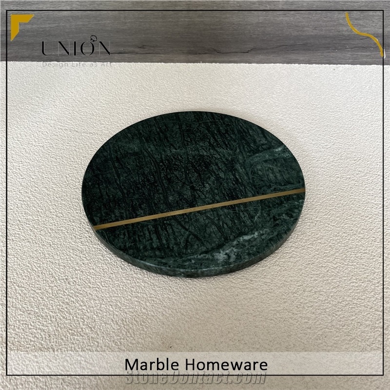 Round Marble Tray Green Food Plates With Brass Strip