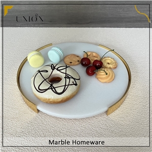 Round Marble Tray With Metal Holder Kitchen Serving Tray