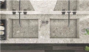 Coffee Color Terrazzo Look Sintered Stone Surface Vanity