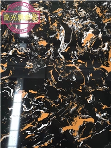 Highly Polished Black Gold Flower Engineered Stone Slab