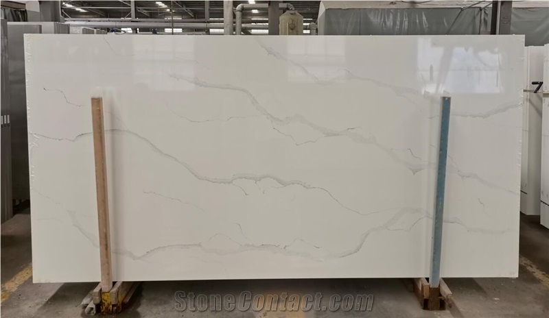 White Calacatta Quartz Engineered Stone Slab #8057 Grey